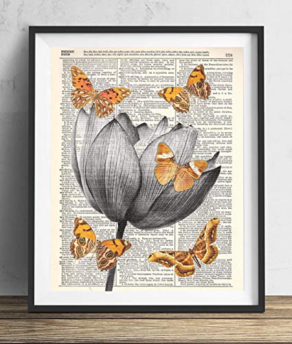 Lotus Flower With Butterflies, Vintage Dictionary Art Print, Antique Wall Art Home Decor, Modern Boho Poster, Farmhouse Decoration Living Room Bedroom Office 8x10 Inches, Ready To Frame