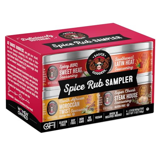 Sauce Goddess Spice 4 Tin Gift Pack - Elevate Your Culinary Adventures with Our Flavorful Spice Rub Collection. Ideal BBQ Rub for Grillers, Gourmet & Aspiring Chefs. Seasonings and Spices for Cooking