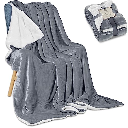 Genteele Sherpa Blanket - 50 x 60 Inch Fuzzy, Super Soft Throw Blankets for Couch, Bed & Sofa - Cozy, Plush Reversible Fleece Blanket Alternative - Gray/White