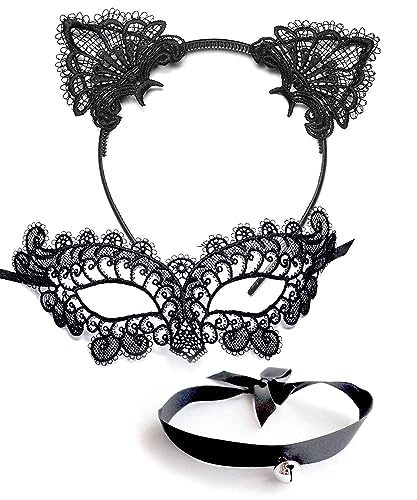 OLYPHAN Black Cat Costume for Women with Masquerade Mask, Lace Cat Ears Headband & Kitty Choker Adults/Adult