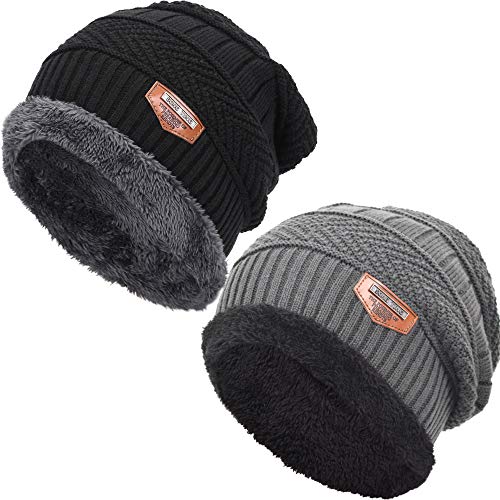 EASTER BARTHE Black & Grey 2 Pack Winter Hat Warm Knitted Beanie Hat Fleece Lined Winter Baggy Slouchy Beanie Ski Hat Skull Cap Watch Cap Stocking Hat