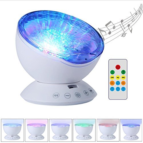 Ocean Wave Projector, Kingcenton Remote Control Night Light Lamp, Built-in 12 LEDs & Music Player, 7 Colors Chaning Night Light Projector for Babys Kids Adults Bedroom Living Room Nursery (White)