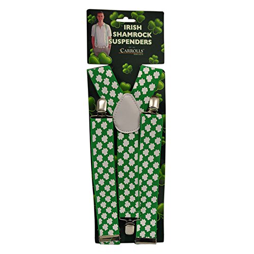 Carrolls Irish Gifts Green Suspenders With White Shamrocks