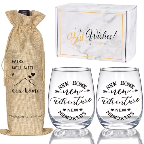 House Warming Gifts New Home, Housewarming Gift Stemless Wine Glass & Bottle Gift Bag Set for Newlywed Couple, Women, Friends, New Homeowner, Unique New Home Gift for Home, Realtor Gift for Clients