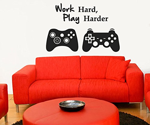 Wall Decal Vinyl Sticker Decals Art Decor Design Bedroom Nursery Kids Play Room Work Hard Play Harder Gamer X Box 360 Game contoller Quote Men Gift Guys Father Day Kids Bedroom (r1427)