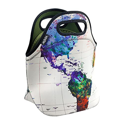 Artovida Artists Collective Insulated Neoprene Lunch Bag - Washable Soft Lunch Tote for Work and Picnic - Design by Mark Ashkenazi (Israel) World Map - Classic
