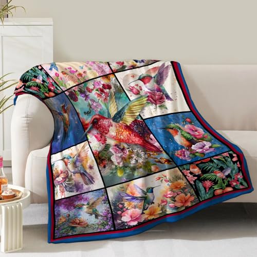 Hummingbird Blanket Gifts for Women Girls Mom Birthday Christmas Valentine Present Colorful Floral Bird Flower Theme Decor Bedroom Living Room Sofa Couch Soft Cozy Plush Kids Adults Teen Throw 60'x50'