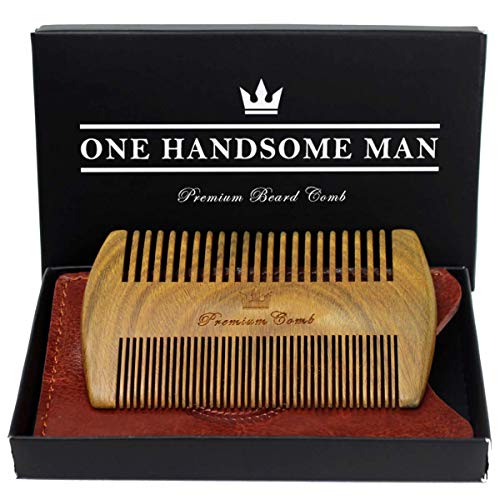 Beard Comb Kit by One Handsome Man - Sandalwood Beard Comb with PU Leather Case and Gift Box - Perfect Gifts For Him or Boyfriend Gifts - Ideal Gift For Men