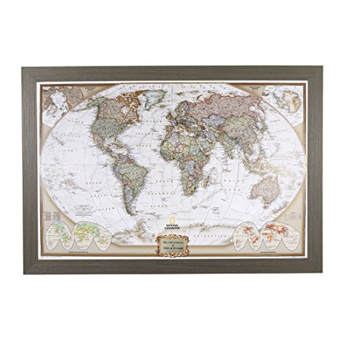 Push Pin Travel Maps - Executive World - Barnwood Gray 27.5' x 39.5' Framed Pin Map, Customizable Plaque, Arrives Ready to Hang with 150 Pins for Tracking Your Travels - Handcrafted in USA