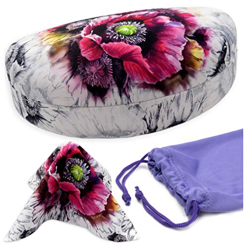 MyEyeglassCase Hard Sunglasses Case - Large Glasses case in Floral Water Color print - Eyeglass Case Hard shell fits Large to Extra Large curved Sunglasses with microfiber Pouch & Cloth (AS179 Poppy)