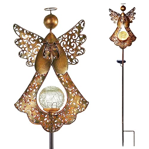 Starryfill Solar Garden Bronze Angel Stake Lights with Crackle Glass Globe Waterproof Warm White LED, 40.5 inches Height Metal Stake Patio Art Decor, Memorial Gift for Mom Women or Friends