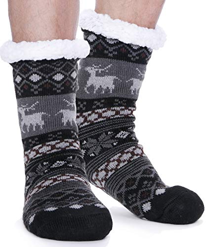 EBMORE Mens Slipper Fuzzy Socks Fluffy Winter Cabin Cozy Warm Soft Fleece Thick Comfy Home Grips Non Slip Socks Christmas White Elephant Gift Stocking Stuffers (Black Deer)