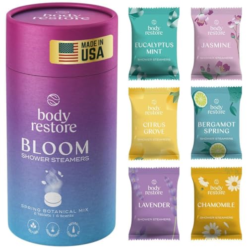Body Restore Shower Steamers Aromatherapy 6 Pack - Relaxation Birthday Gifts for Women and Men, Travel Essentials, Stress Relief and Self Care - Bloom Variety Scent Shower Bombs