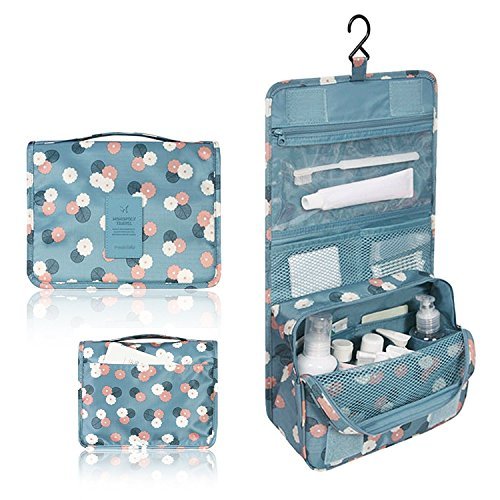 Portable Travel Makeup Cosmetic Bag - Mr.Pro Waterproof Haning Travel Kit Toiletry Bag Bathroom Organizer Carry On Case (Polka Dot Blue)