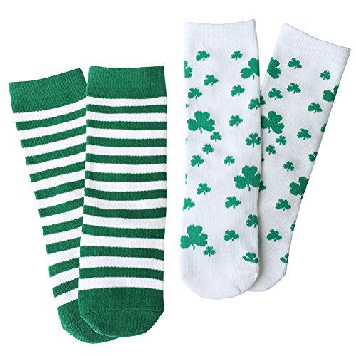 OLABB St. Patrick's Day Baby Toddler knee high socks Shamrock/Clover Green and White Striped Gift Set 2 Packs