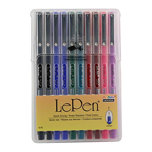 Uchida LePen Porous Point Pen, 10 Count (Pack of 1), Black, Blue, Red, Green, Pink, Lavender, Burgundy