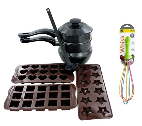 The Kitchen Queen 6 Pack Chocolate Making Kit Includes Ladle, Double Boiler, and Chocolate Moulds + 10' Whisk