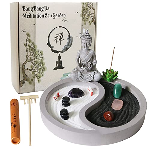 Mini Zen garden kit for desk - yin yang Crystal sand Garden - with zen rake buddha statue Healing Stones white sand - Japanese Rock Garden Meditation Gift Set for Home Office Desktop fidget toys