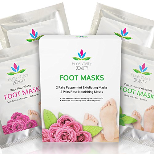 Foot Peel Mask Set - 4 Pairs of Socks (2 Exfoliating/Peeling + 2 Nourishing) For Longer Lasting Baby Soft Feet After Exfoliation - Fast Dry Skin Treatment - Dead Skin Callus Remover