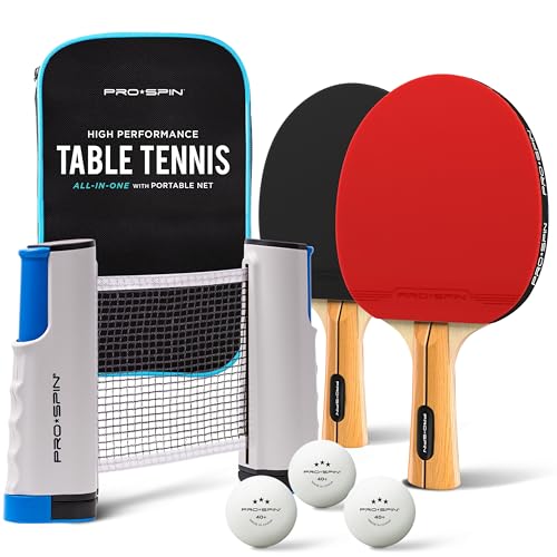 PRO SPIN All-in-One Portable Ping Pong Paddle Set (2-Player) | Table Tennis Set | Retractable Ping Pong Net (Up to 72' Wide) | Premium Paddles | 3-Star Balls | Storage Case | Game Table | Gift