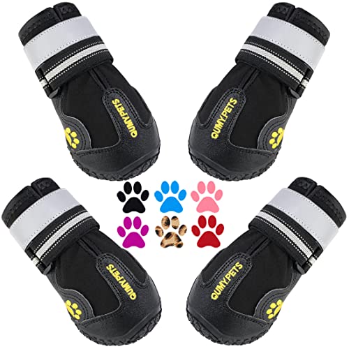 QUMY Dog Shoes for Large Dogs, Medium Dog Boots & Paw Protectors for Winter Snowy Day, Summer Hot Pavement, Water-Resistant in Rainy Weather, Outdoor Walking, Indoor Hardfloors Skid-Resistant Sole