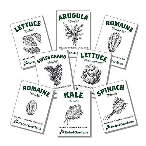 Certified Organic Garden Greens Vegetable Seeds - 8 Varieties of Heirloom, Non-GMO Salad Leafy Green Seed - Lettuce, Arugula, Swiss Chard, Kale, and Spinach for Planting Indoors Outdoors & Hydroponics