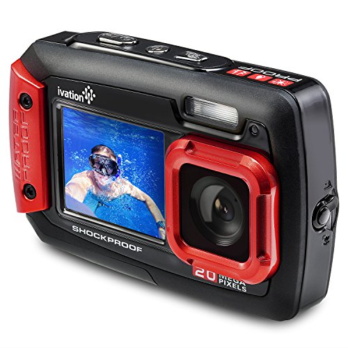 Ivation 20MP Underwater Waterproof Shockproof Digital Camera & Video Camera w/Dual Full-Color LCD Displays – Fully Submersible Up to 10 Feet (Red)