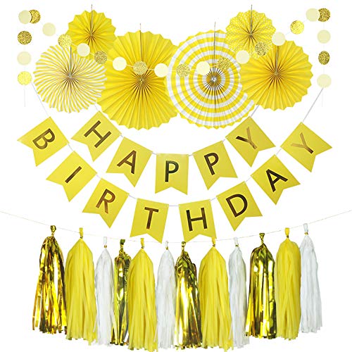 Yellow Birthday Party Decoration - 6 Hanging Fans & Birthday Banner & Decorative Circle Dot Garland & 12 Paper Tassels for Birthday Party, Baby Shower, Wedding etc.