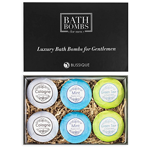 Blissique Bath Bombs for Men Set - Ultra Lush Big Assorted 5 Ounce Bombs, Manly Gift for Guys - Bubble Bath Salts Oils Fragrant Aromatherapy and Stress Relief
