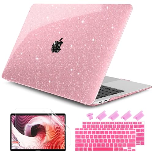 DONGKE for MacBook Air 13 inch Case 2021-2018 Release A2337 M1 A2179 A1932, Bling Plastic Hard Shell Case & Keyboard Cover Only Compatible with MacBook Air 13 inch Retina Fits Touch ID, Sparkly Pink