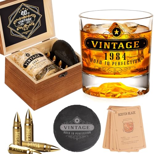 Oaksea 40th Birthday Gifts for Men Dad, Vintage 1984 Whiskey Glass Set, 40th Birthday Retirement Decorations, Anniversary Bday Gifts Ideas for Him Husband Women Uncle, Whiskey Stone