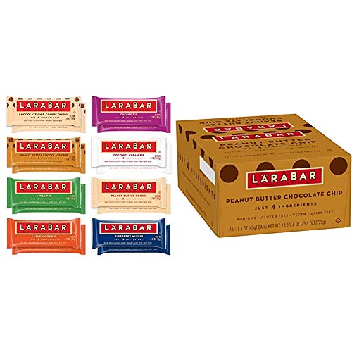 Larabar Gluten Free Snack Bars Variety Box, Vegan, 8 Flavors, 1.7oz, 16ct & Gluten Free Bar, Peanut Butter Chocolate Chip, Vegan (16 Bars)