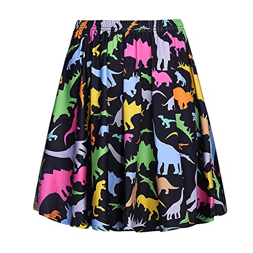 Fancyqube Women's Elastic Waist Cute Dinosaur Print Flared Mini Skirt Black XXL