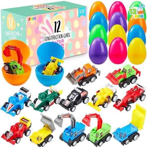 JOYIN 12 Pcs Filled Easter Eggs with Toy Cars, Colorful Prefilled Pull Back Construction Vehicle and Race Car for Kids Boys Hunt, Basket Stuffers, Party Favors