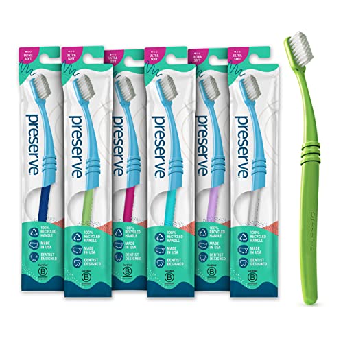Preserve Eco Friendly Adult Toothbrushes, Made in The USA from Recycled Plastic, Lightweight Package, Ultra Soft Bristles, Colors Vary, 6 Pack