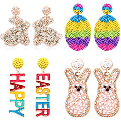 Easter Earrings for Women Beaded Bunny Egg Dangle Earrings Enamel Happy Easter Statement Earrings Spring Holiday Party Decoration