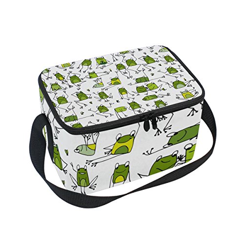 Lunch Insulated Neoprene Lunch Bag for Women and Kids - Funny Frogs Printed Reusable Soft Lunch Tote for Work and School with Shoulder Strap