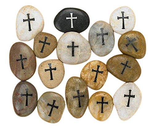 Religious Gifts Etched Cross on Inspirational Pocket Stone Rocks, Assorted Color, Box of 12