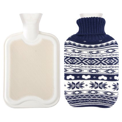 Premium Classic Rubber Hot Water Bottle w/Cute Knit Cover (2 Liter, Beige/Blue Snowflake)