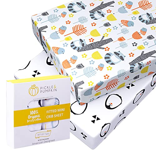 Mini Crib Sheet with Woodland & Penguin Pattern - 100% Organic Cotton Pack n Play Fitted Sheet -Premium Pack n Play Sheets - Compatible as Graco Pack n Play Sheet & Mini Crib Sheets - Pickle & Pumpkin