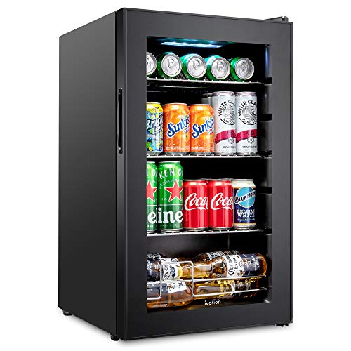 Ivation 101 Can Beverage Refrigerator | Freestanding Ultra Cool Mini Drink Fridge | Beer, Cocktails, Soda, Juice Cooler for Home & Office | Reversible Glass Door & Adjustable Shelving - Black