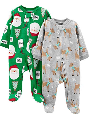 Simple Joys by Carter's Baby Holiday Fleece Footed Sleep and Play, Pack of 2, Green Santa/Grey Heather Reindeer, 3-6 Months