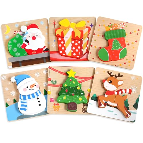 Christmas Wooden Puzzles Toys for Toddlers 1-3, Wooden Puzzles with Santa Claus, Reindeer, Sock, Tree, Snowman, Gift, Christmas Party Favors, Boys Girls, Kids Preschool Classroom Exchange Gifts