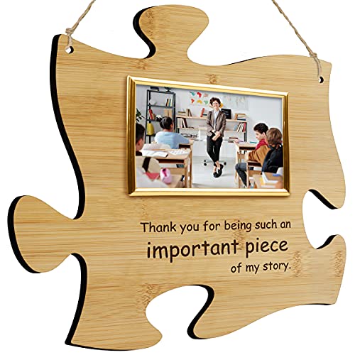 PlaqueMaker Thank You For Being A Piece Of My Story - Hanging Modern Acrylic Puzzle Piece Sign with 6 x 4 Picture Frame - A Great Teacher, Mentor, Or Leader Gift (Bamboo)