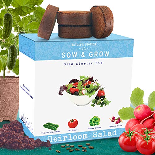 Nature's Blossom Heirloom Salad Vegetables Growing Kit. Grow 4 Heirloom Vegetables from Organic Seeds. Gardening Set Contains Vegetable Seeds, Growing Pots, Soil, Plant Labels and a Gardening Guide.
