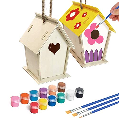 S & E TEACHER'S EDITION Craft DIY Bird House Kit 2 Pack DIY Unfinished Wood Bird House Build and Paint Your Backyard Birdhouse, Art Craft Wood Toys for Kids Girls Boys includes Paints Brushes