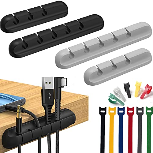 [4-Packs] Cord Holder Clips Cable Management Cord Organizer Clips Self Adhesive for Desktop organizing USB Charger Cable PC Office Home Car Desk Nightstand,12-Pcs Reusable Cable Ties Straps