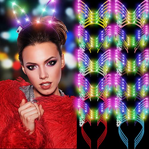 WILLBOND 40 Pcs Light up LED Bunny Ears Headband Glow Hair Accessories for Women Costume Party Supply, 10 Colors