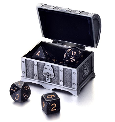 REINDEAR 7 Die Polyhedral Role Playing Game Dice Set with Treasure Chest Dice Container (Flash Powder Black)