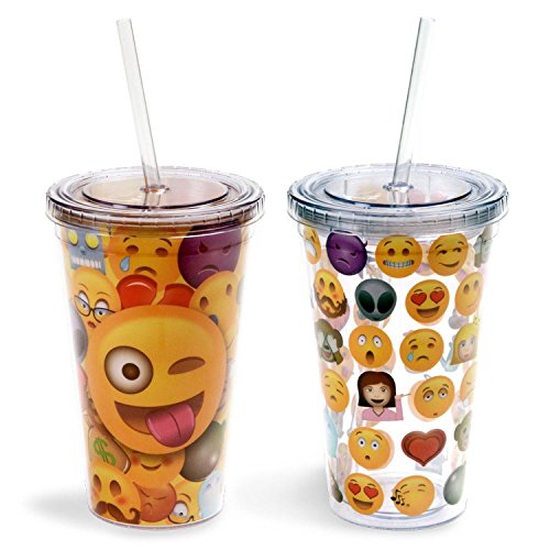 Emoji Universe: Emoji Tumblers, 16 oz (2-Pack) With Lids and Straws
